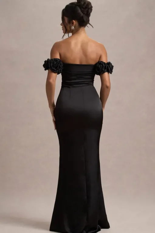 Senseless | Black Satin Floral Bardot Maxi Dress