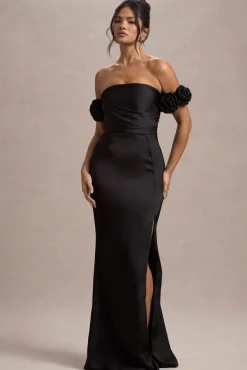 Senseless | Black Satin Floral Bardot Maxi Dress
