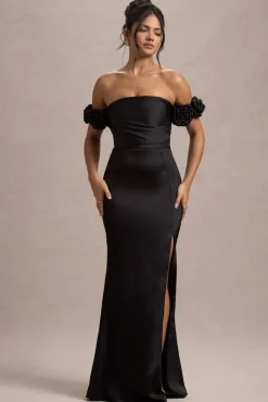 Senseless | Black Satin Floral Bardot Maxi Dress