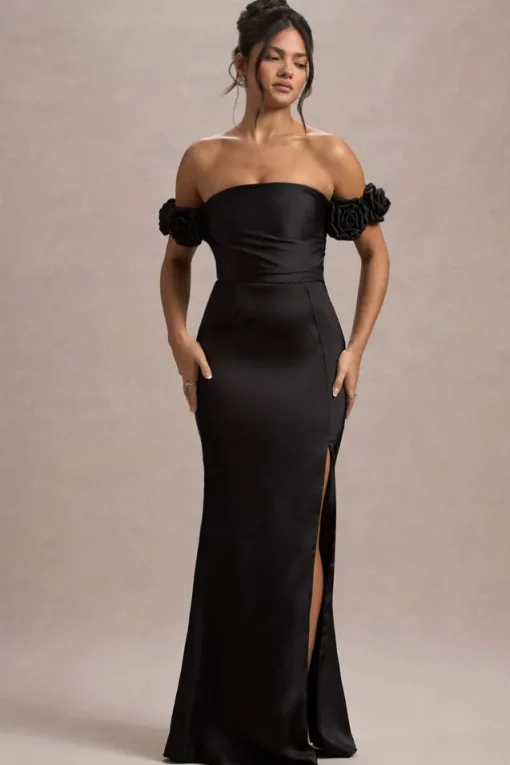 Senseless | Black Satin Floral Bardot Maxi Dress