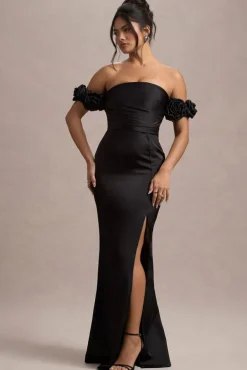 Senseless | Black Satin Floral Bardot Maxi Dress