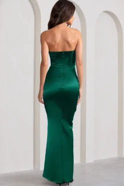 Sensual Notes | Bottle Green Satin Strapless Corset Thigh Split Fishtail Maxi Dress