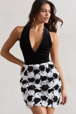 Serenade | Black u0026 White Plunge Halter-Neck Mini Dress With Flowers