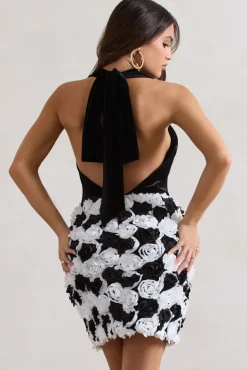 Serenade | Black u0026 White Plunge Halter-Neck Mini Dress With Flowers