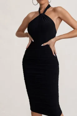 Serendipity | Black Halter Neck Knot Midi Dress