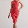 Serendipity | Coral Halter Neck Knot Midi Dress