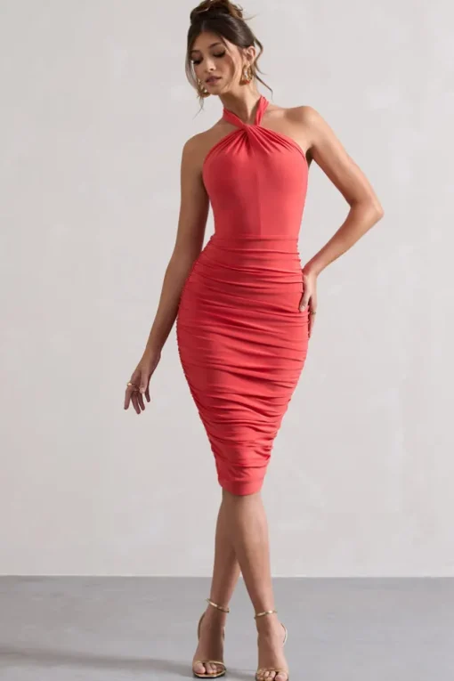 Serendipity | Coral Halter Neck Knot Midi Dress
