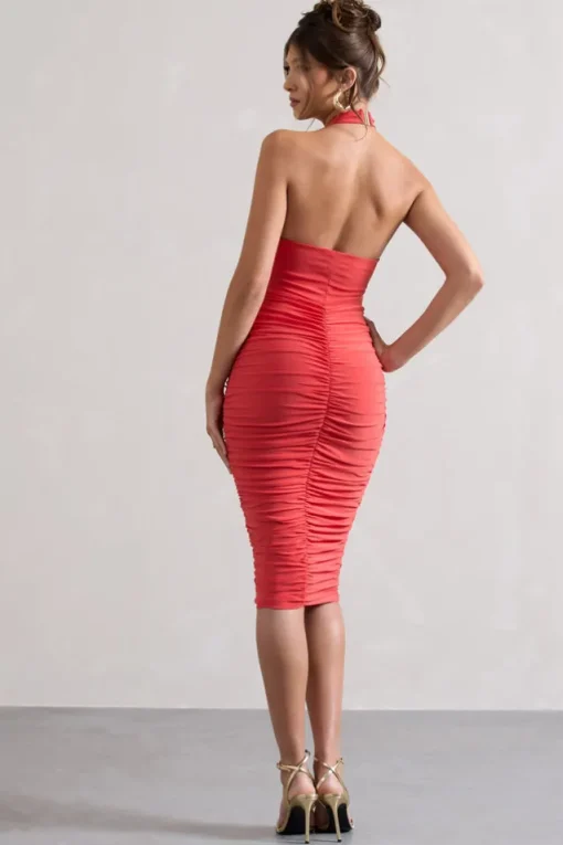 Serendipity | Coral Halter Neck Knot Midi Dress