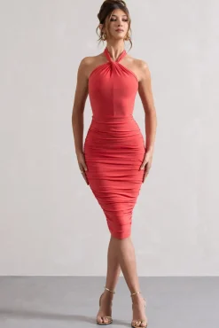 Serendipity | Coral Halter Neck Knot Midi Dress