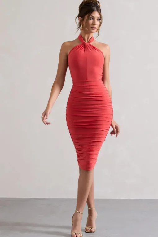 Serendipity | Coral Halter Neck Knot Midi Dress