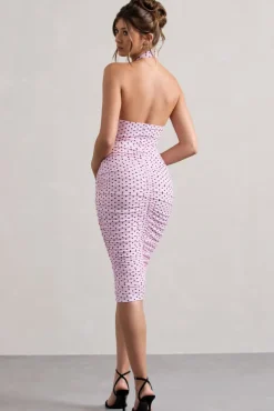 Serendipity | Pink Polka Dot Halter Neck Ruched Midi Dress