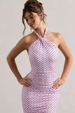Serendipity | Pink Polka Dot Halter Neck Ruched Midi Dress