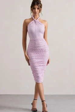 Serendipity | Pink Polka Dot Halter Neck Ruched Midi Dress