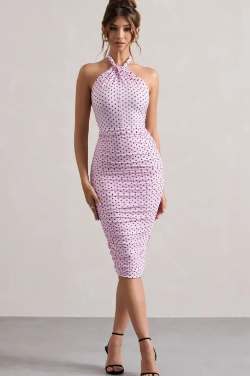 Serendipity | Pink Polka Dot Halter Neck Ruched Midi Dress