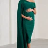 Serenity | Bottle Green Ruched Asymmetric Maternity Midi Dress With Cape