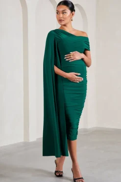 Serenity | Bottle Green Ruched Asymmetric Maternity Midi Dress With Cape