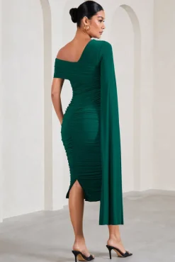 Serenity | Bottle Green Ruched Asymmetric Maternity Midi Dress With Cape