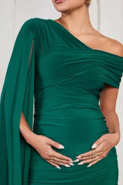 Serenity | Bottle Green Ruched Asymmetric Maternity Midi Dress With Cape