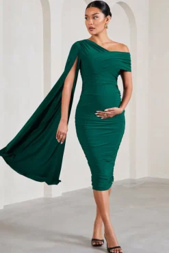 Serenity | Bottle Green Ruched Asymmetric Maternity Midi Dress With Cape