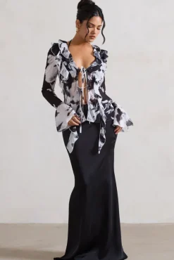Serita | Black Satin Split Maxi Skirt
