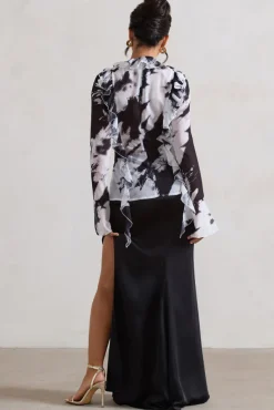 Serita | Black Satin Split Maxi Skirt