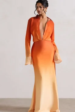 Serita | Orange Ombre Satin Split Maxi Skirt