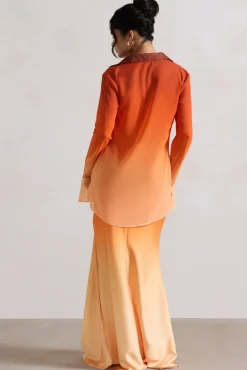 Serita | Orange Ombre Satin Split Maxi Skirt