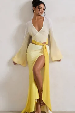 Serita | Yellow Ombre Satin Split Maxi Skirt