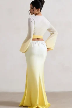 Serita | Yellow Ombre Satin Split Maxi Skirt