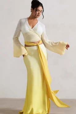 Serita | Yellow Ombre Satin Split Maxi Skirt