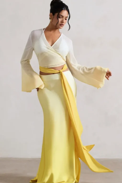 Serita | Yellow Ombre Satin Split Maxi Skirt