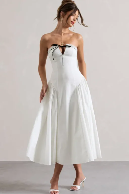 Serrenti | White Poplin Strapless Lace Detail Midi Dress With Volume Skirt