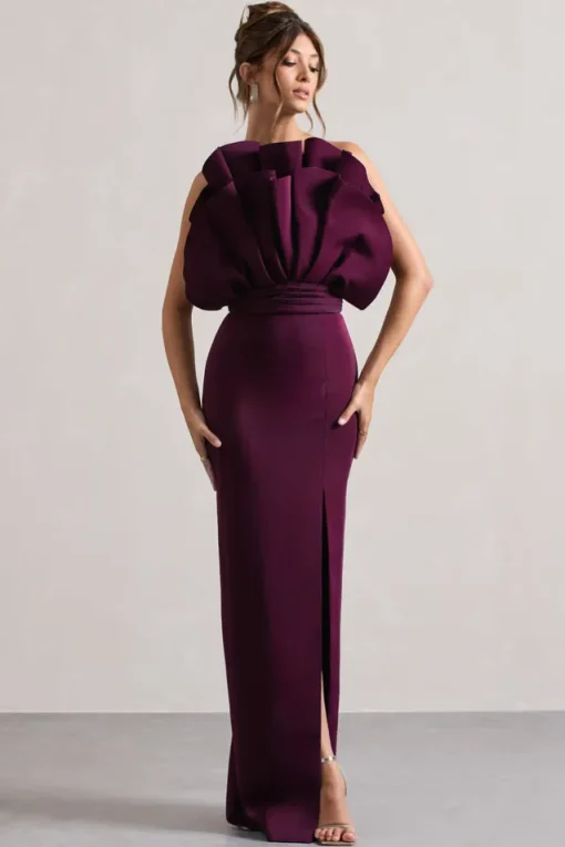Set The Bar | Plum Ruffled Strapless Split Maxi Dress