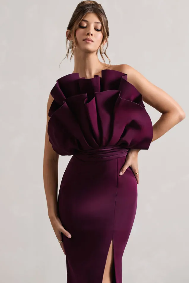 Set The Bar | Plum Ruffled Strapless Split Maxi Dress
