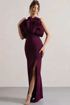 Set The Bar | Plum Ruffled Strapless Split Maxi Dress