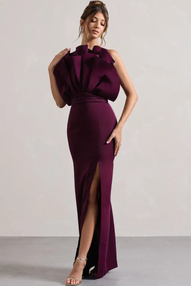 Set The Bar | Plum Ruffled Strapless Split Maxi Dress