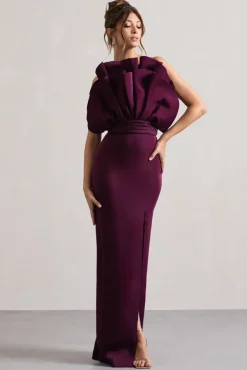 Set The Bar | Plum Ruffled Strapless Split Maxi Dress