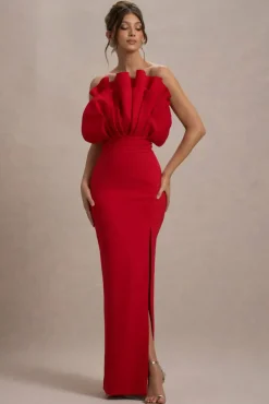 Set The Bar | Red Ruffled Strapless Split Maxi Dress