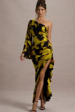 Sevilla | Mustard Print Satin Jacquard One Sleeve Ruffled Split Maxi Dress