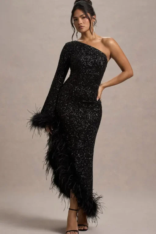 Shadow | Black Sequin One-Shoulder Feather Trim Maxi Dress