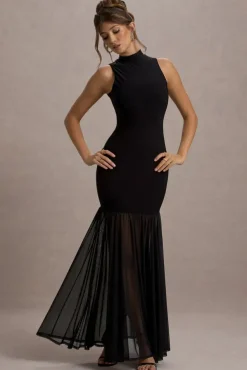 Shae | Black High-Neck Maxi Dress With Sheer Skirt