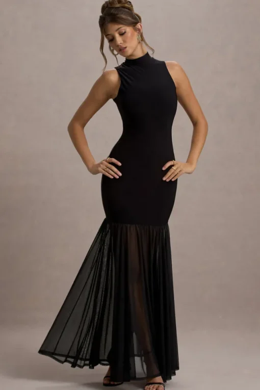 Shae | Black High-Neck Maxi Dress With Sheer Skirt