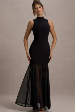 Shae | Black High-Neck Maxi Dress With Sheer Skirt