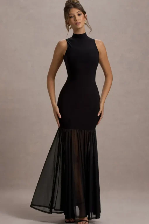 Shae | Black High-Neck Maxi Dress With Sheer Skirt