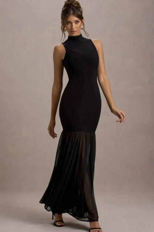 Shae | Black High-Neck Maxi Dress With Sheer Skirt