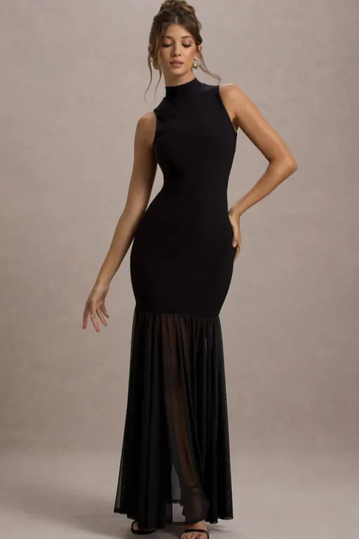 Shae | Black High-Neck Maxi Dress With Sheer Skirt