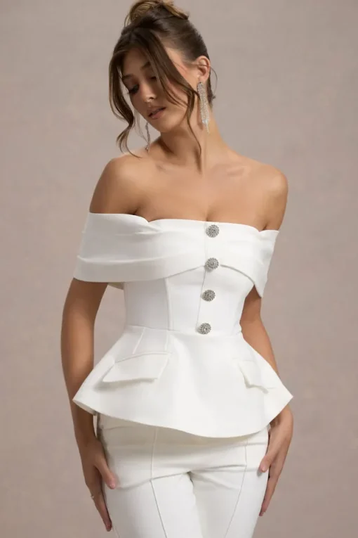 Shai | White Tailored Bardot Top