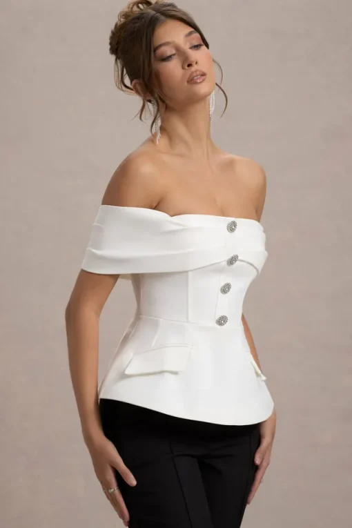 Shai | White Tailored Bardot Top