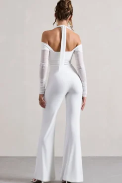 Shannon | White Ruched Halter-Neck Flared-Leg Jumpsuit