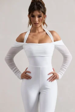 Shannon | White Ruched Halter-Neck Flared-Leg Jumpsuit